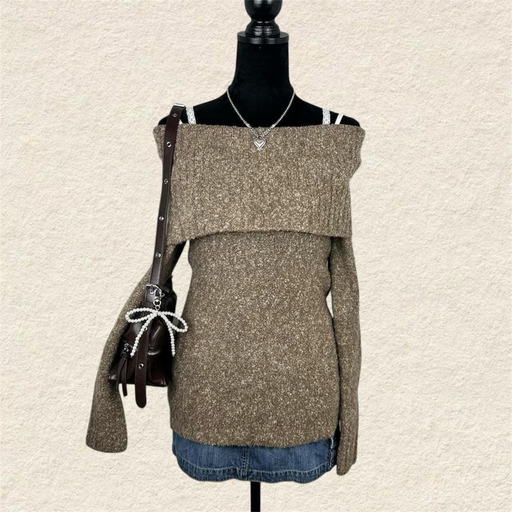 Moda International Y2k Off-Shoulder Brown Tan Fuzzy Sweater
